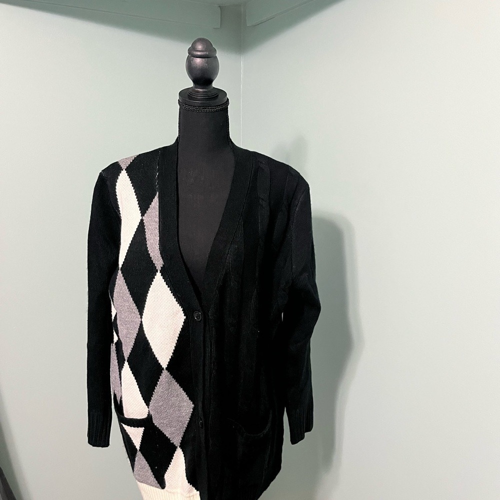 BloomChic Cardigan Women's 14/16 Textured Argyle Oversized Black and White